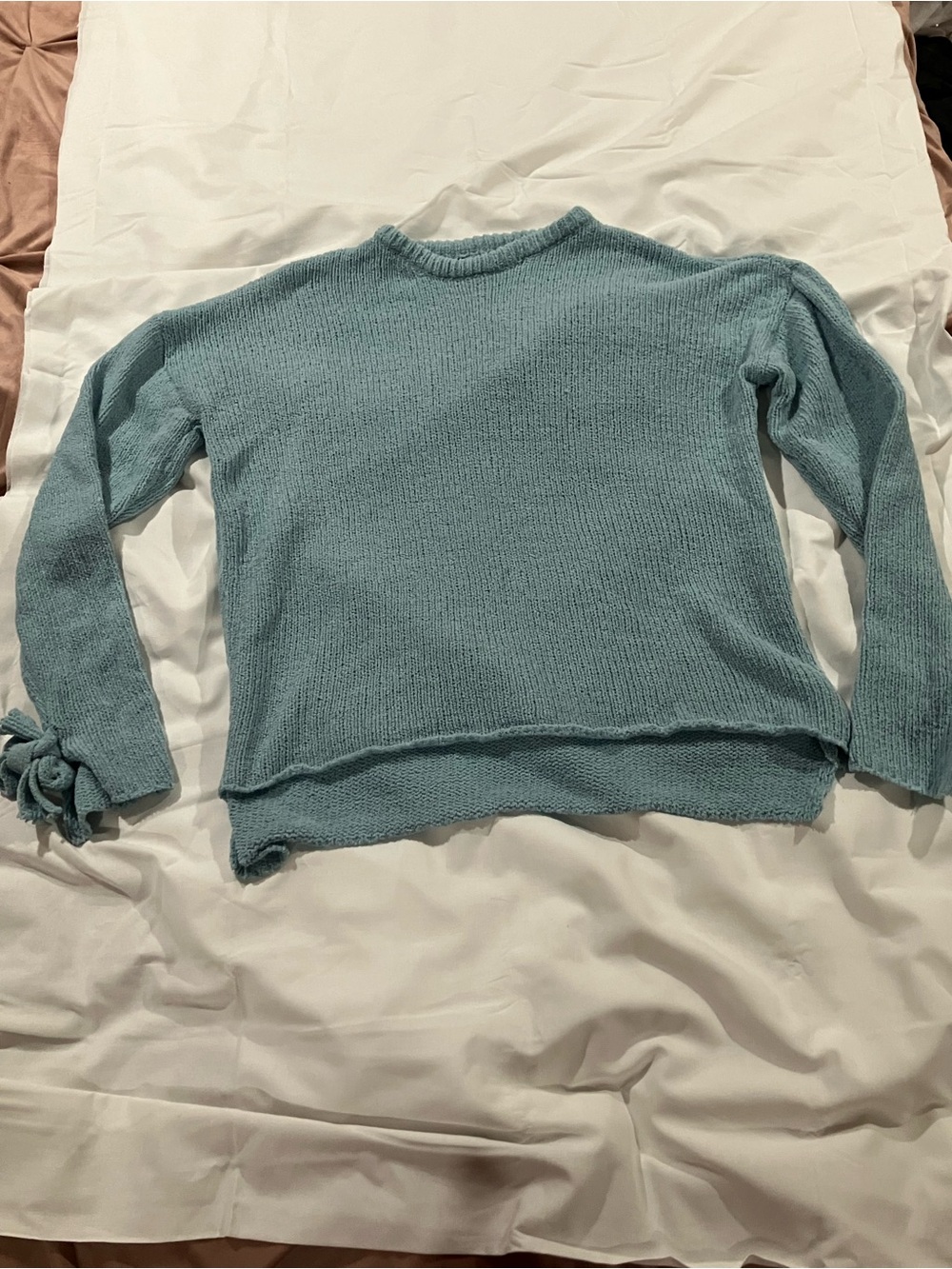 Taylor & Sage Light Teal Crewneck Knit Sweater with Sleeve Tie